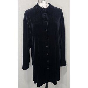 K.C. Spencer Vintage Black Velvet Velour Button Up Tunic Sz 16 Stretch Collared
